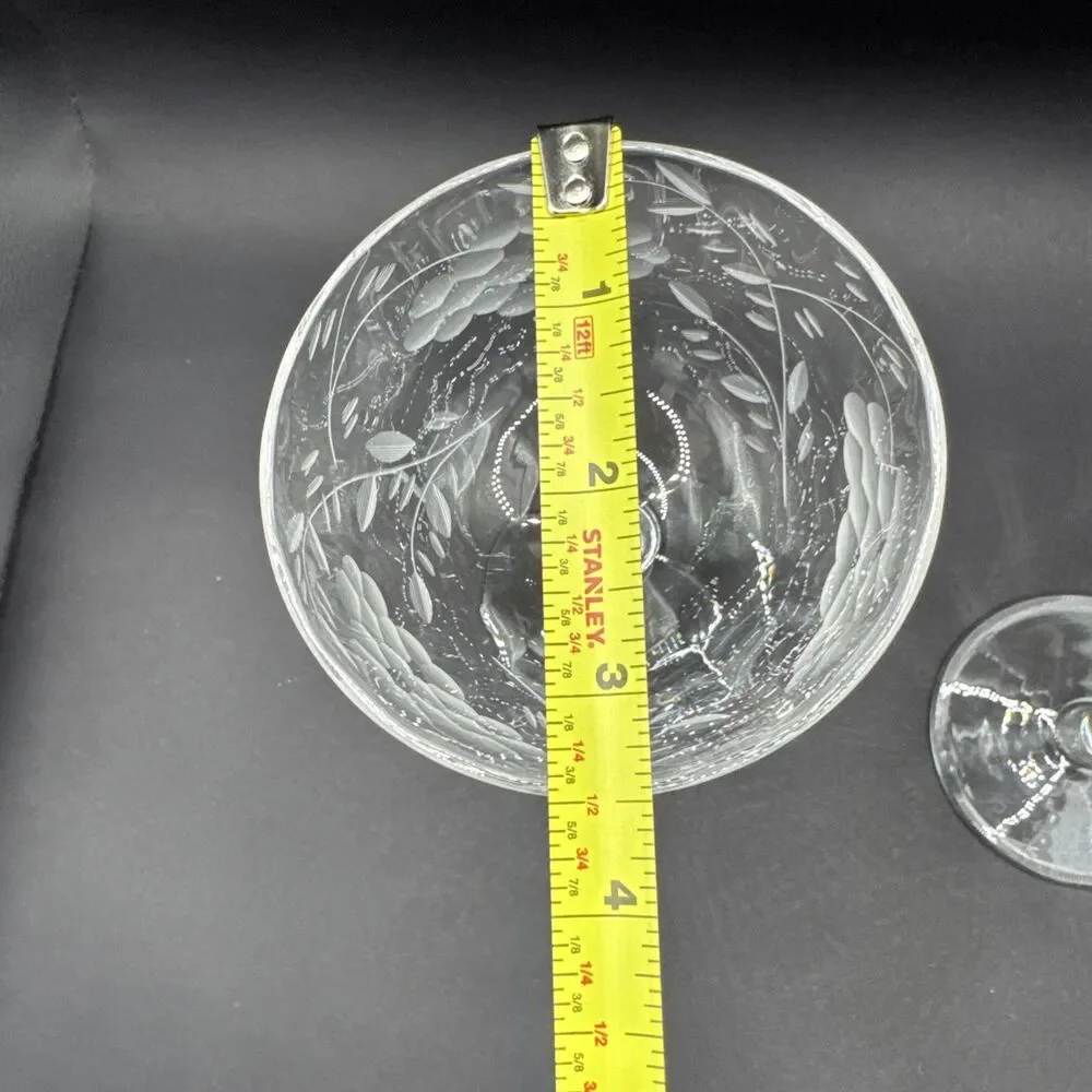 Set Of 2 Vintage Etched (Floral) Crystal Sherry Wine Cocktail Glasses 6”